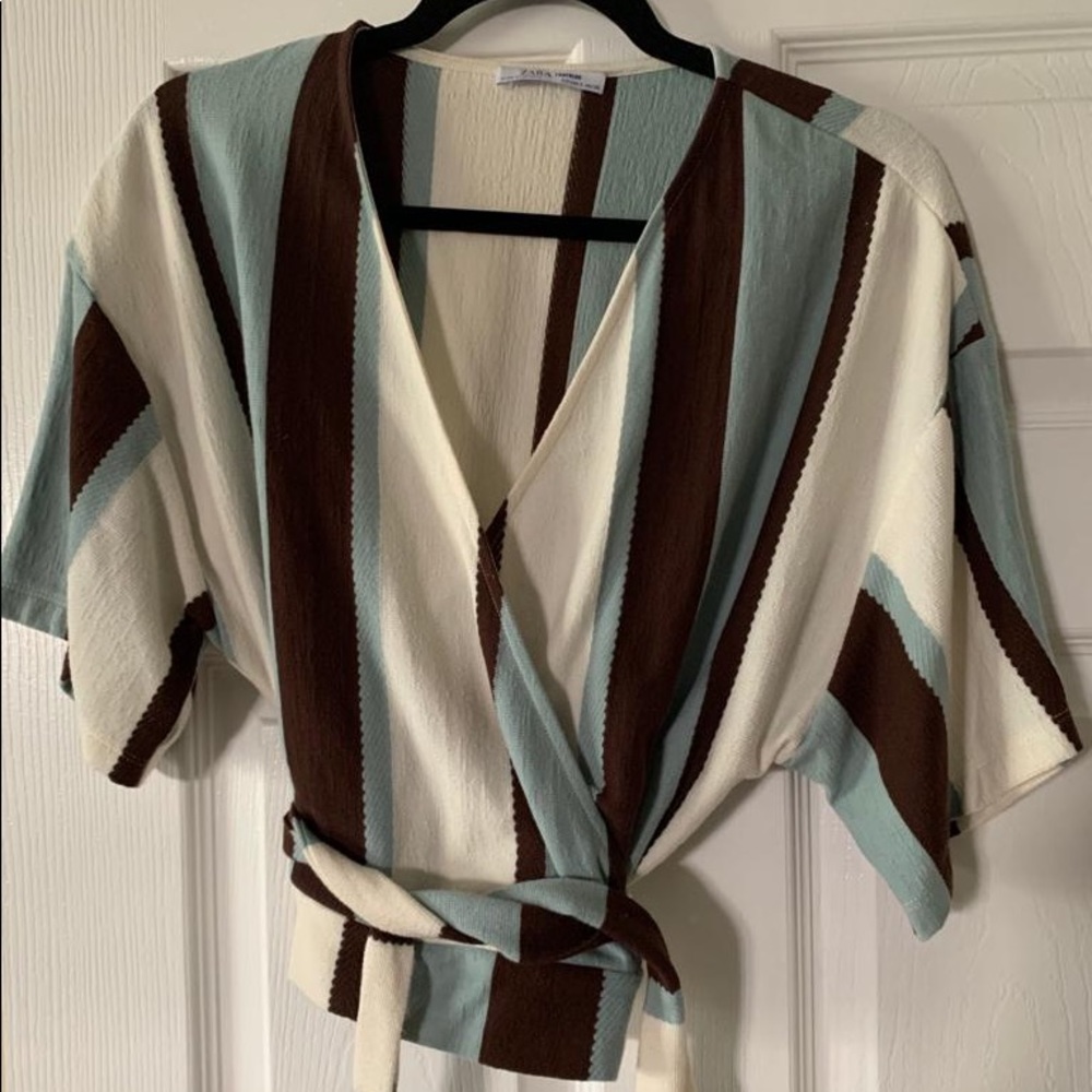 Blue, brown, and cream Zara blouse